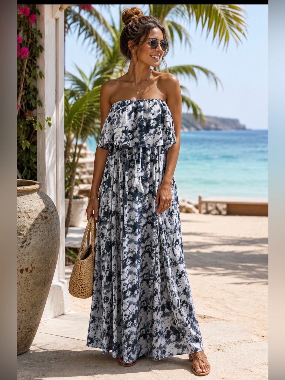 Japna Strapless Ruffle Overlay Tie-Dye Maxi Dress